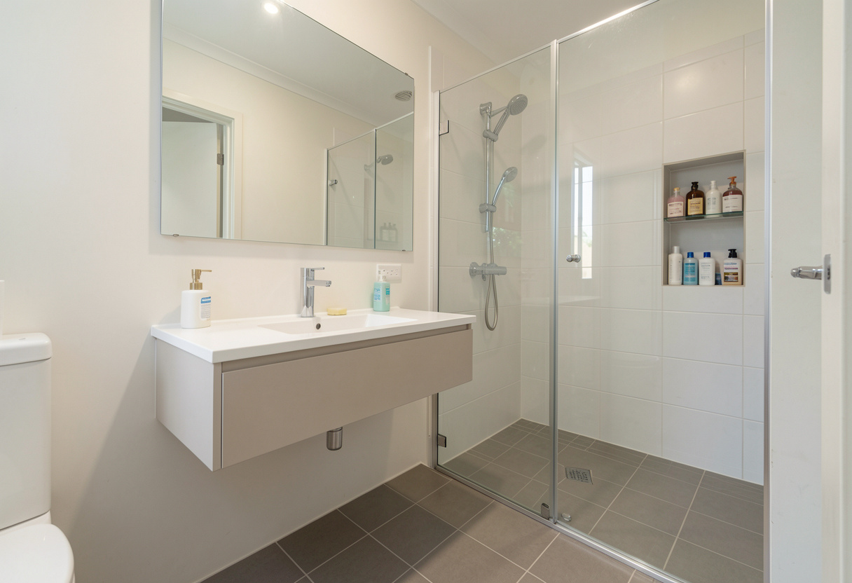 Wall-hung vanity and frameless shower screen maximising space in a small Wollongong ensuite