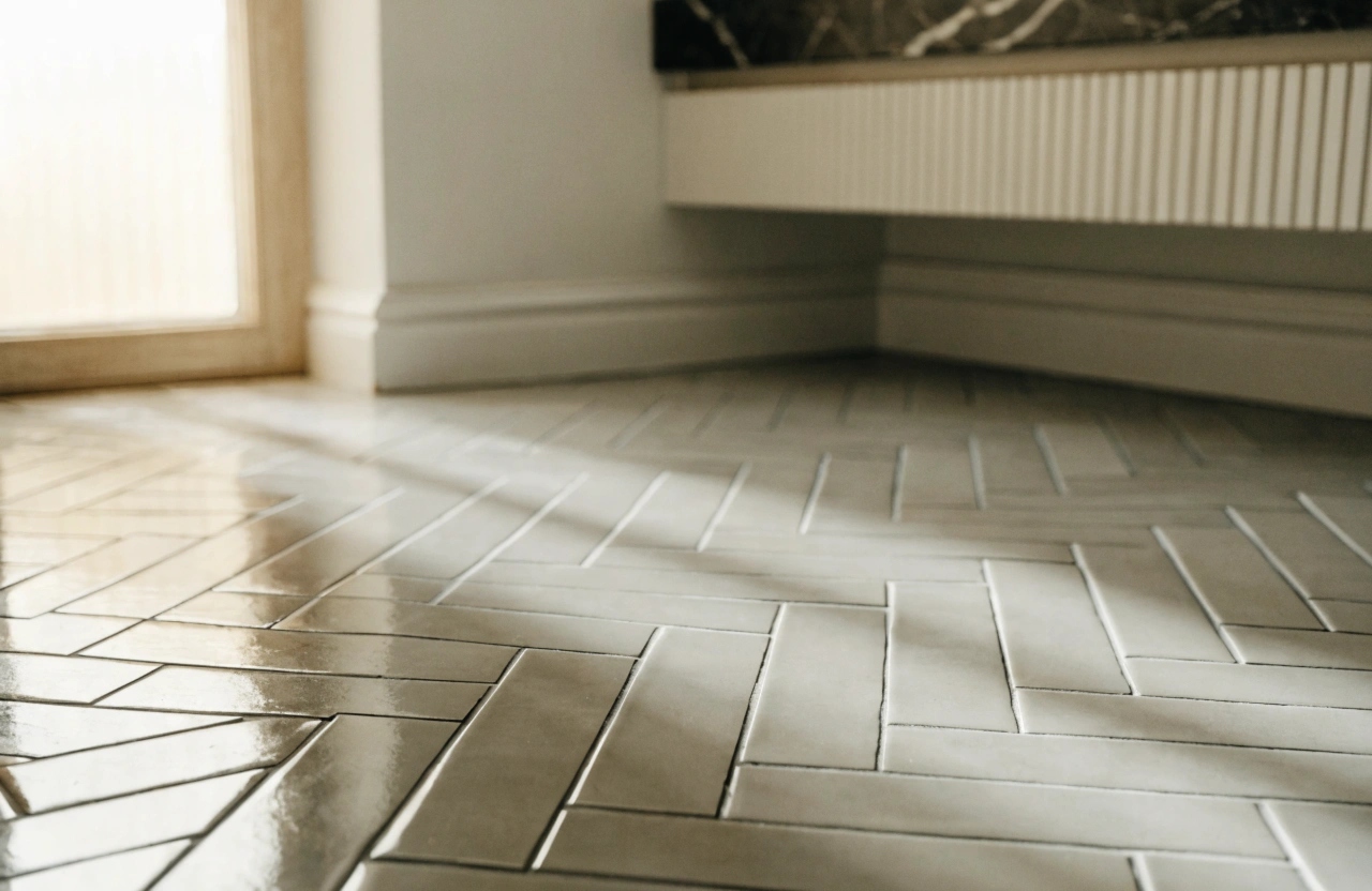 Herringbone pattern floor tiles installed in a Wollongong bathroom
