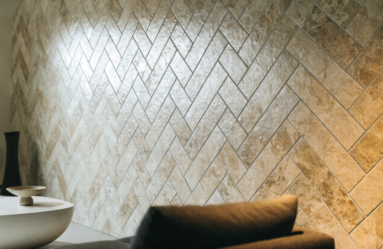 Herringbone feature wall tiling in a Wollongong living room using stone-look porcelain tiles