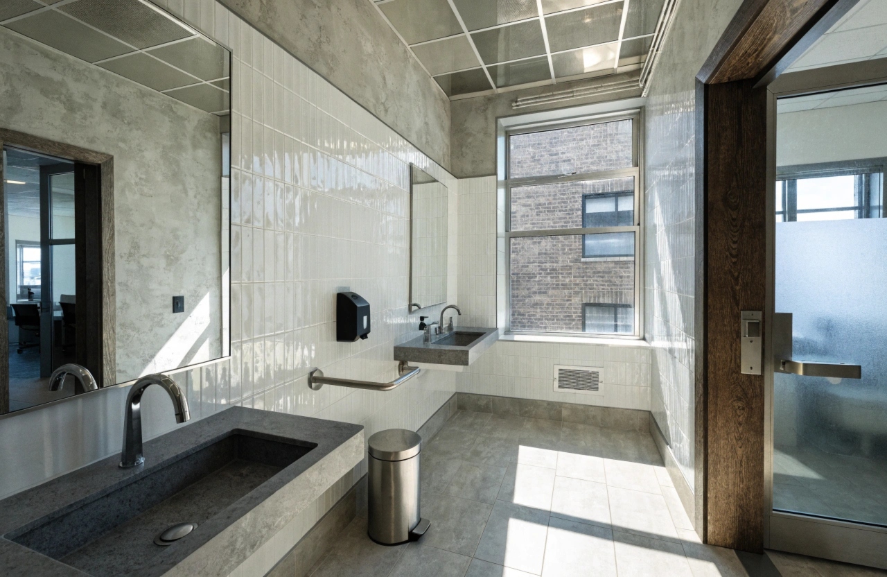 Commercial office bathroom renovation in Wollongong with durable tiling and accessible fixtures