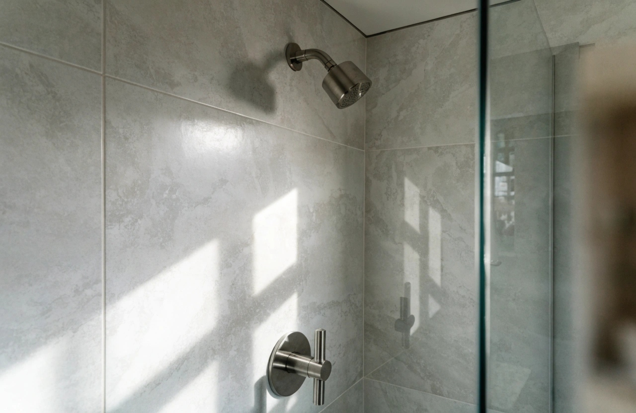 Wall tiling Wollongong bathroom shower with large format grey tiles and straight grout lines
