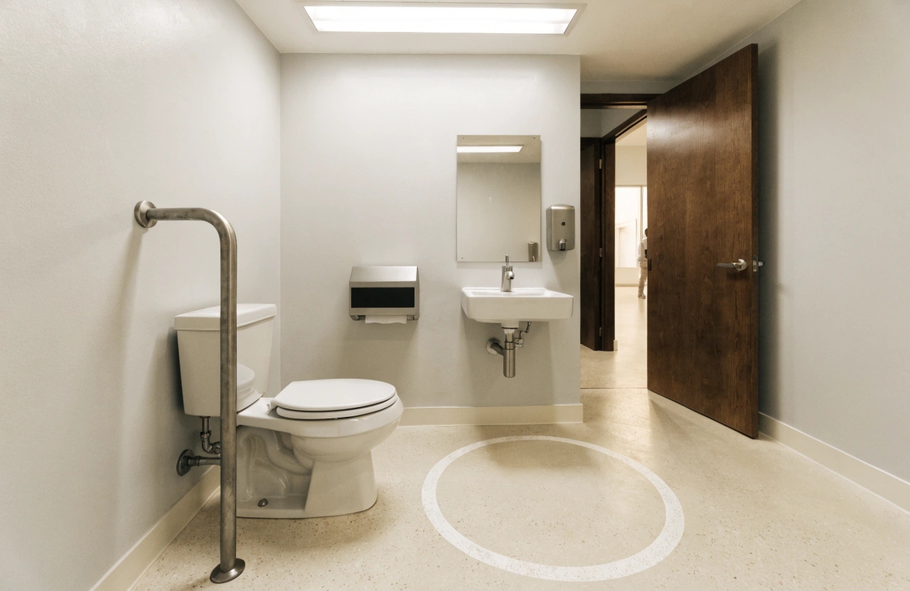 Accessible commercial bathroom in Wollongong with grab rails and AS 1428 compliant fixtures
