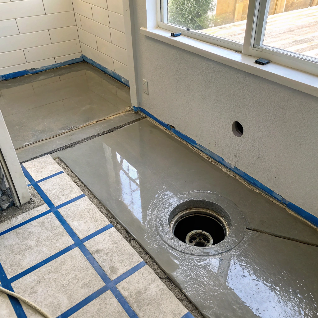 Bathroom floor flood test in progress confirming waterproofing membrane integrity before tiling