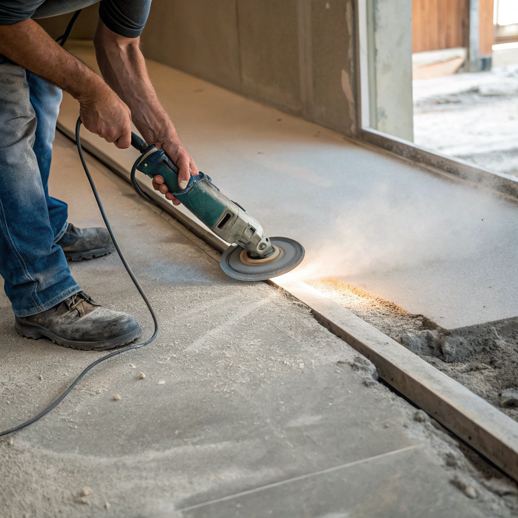 floor grinder removing high point on concrete slab before tiling