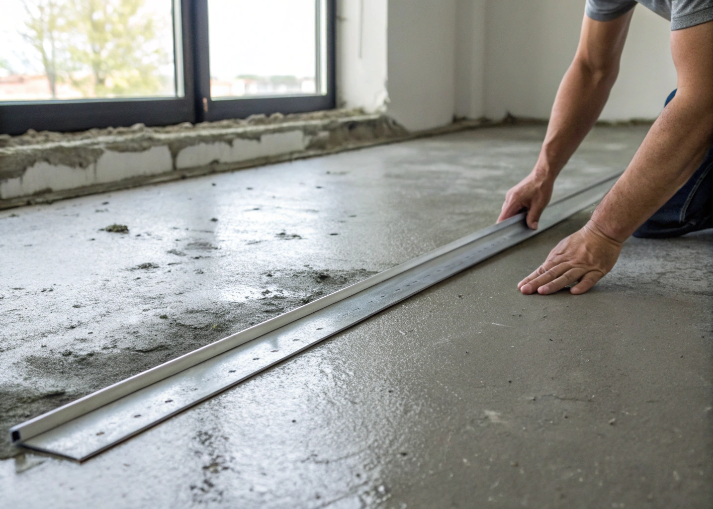 tradesperson checking concrete floor flatness with straightedge before tiling Wollongong
