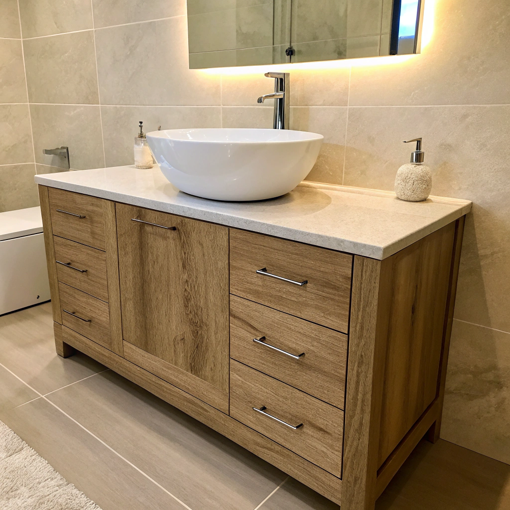 Freestanding timber-look vanity with above-counter basin installed in an Illawarra bathroom