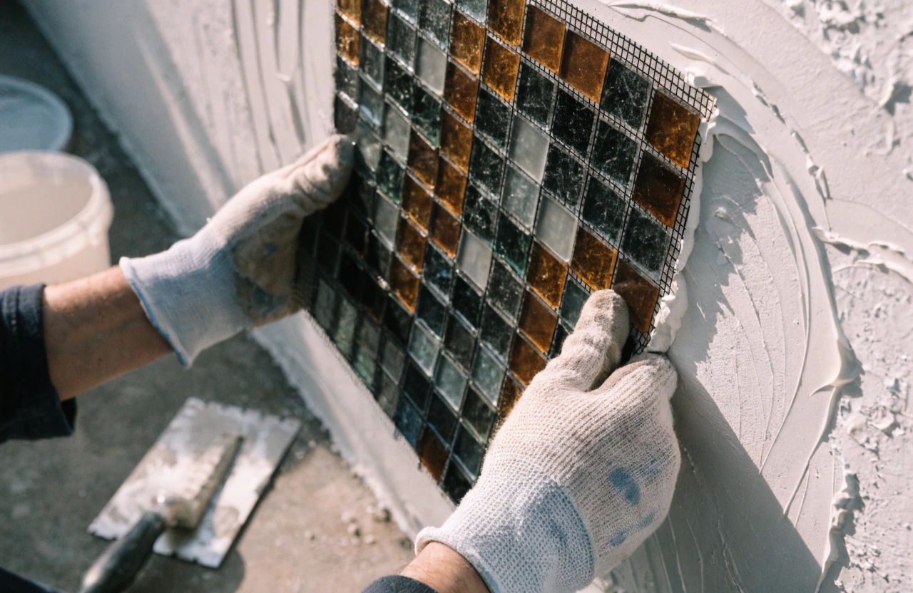 Tiler laying a mosaic mesh sheet during installation in Wollongong