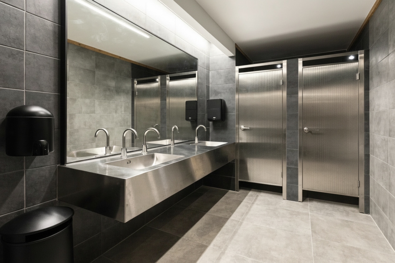 Renovated hospitality bathroom in the Illawarra region built for high foot traffic