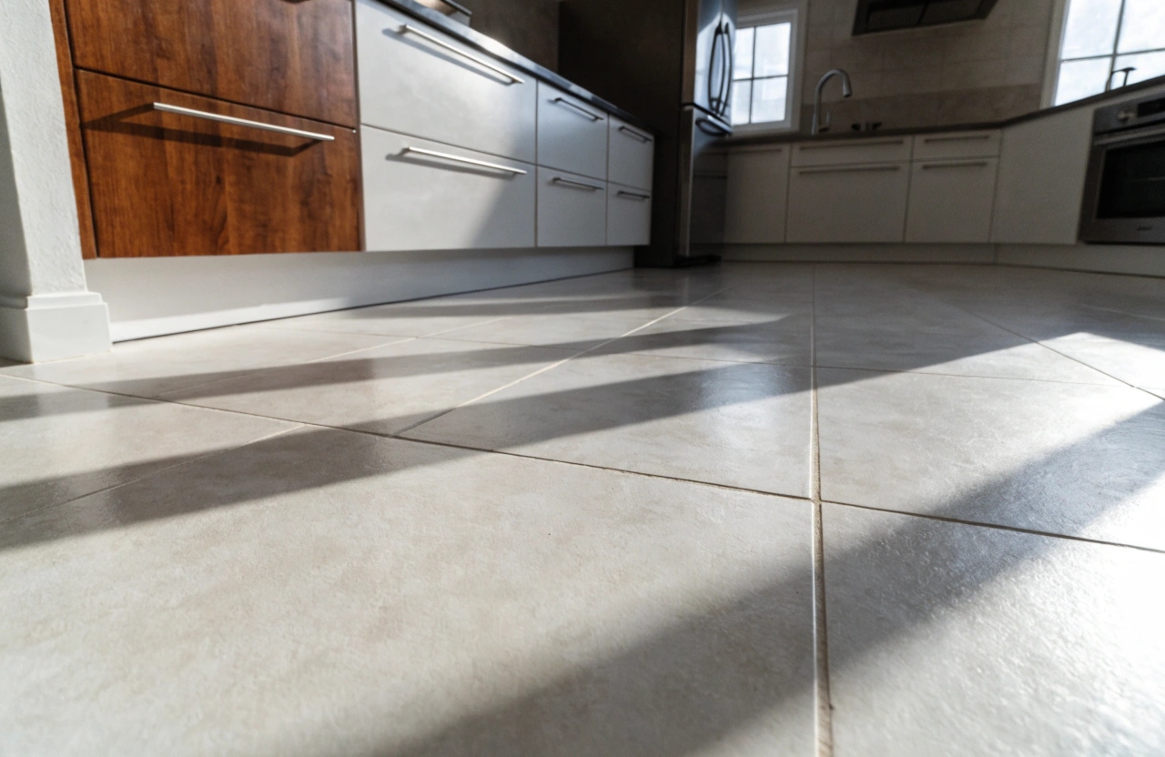 Large format porcelain floor tiles installed in a Wollongong kitchen