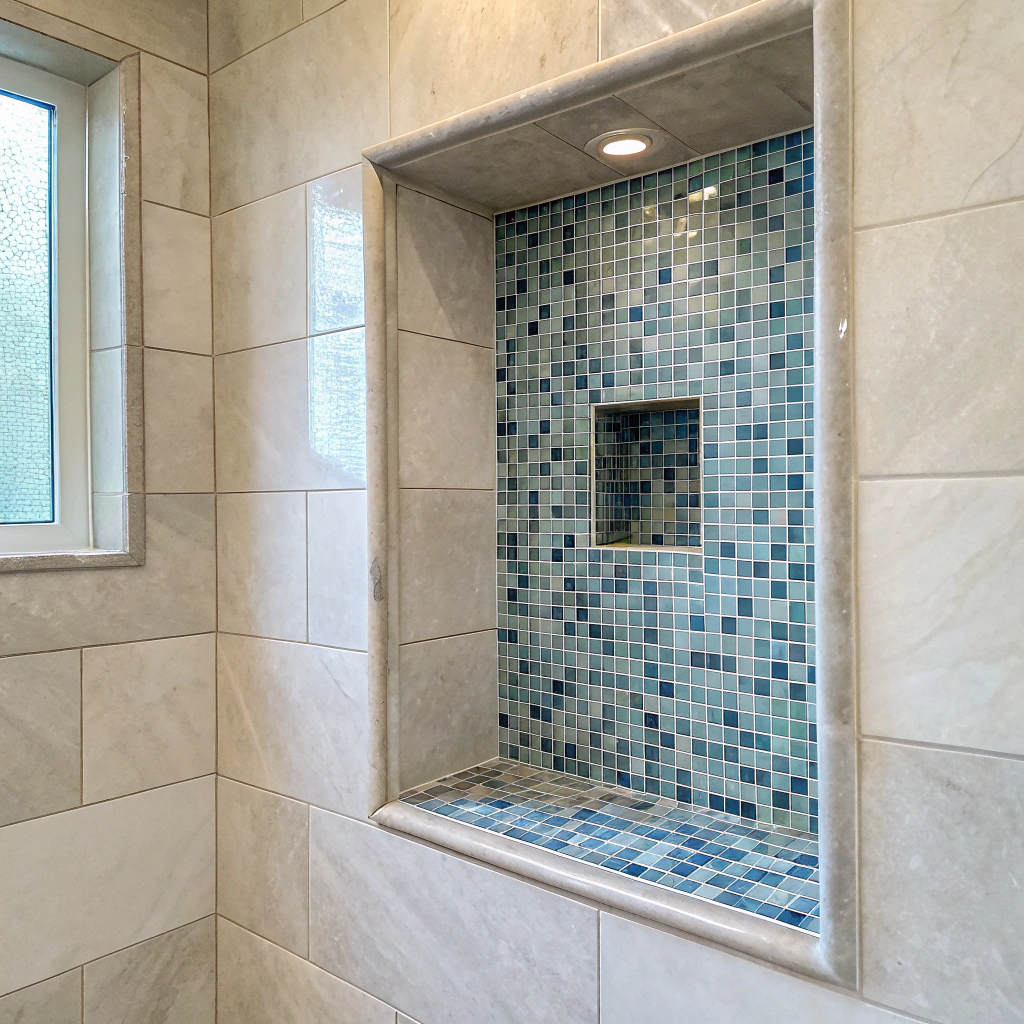 Mosaic tile feature wall in a Wollongong bathroom