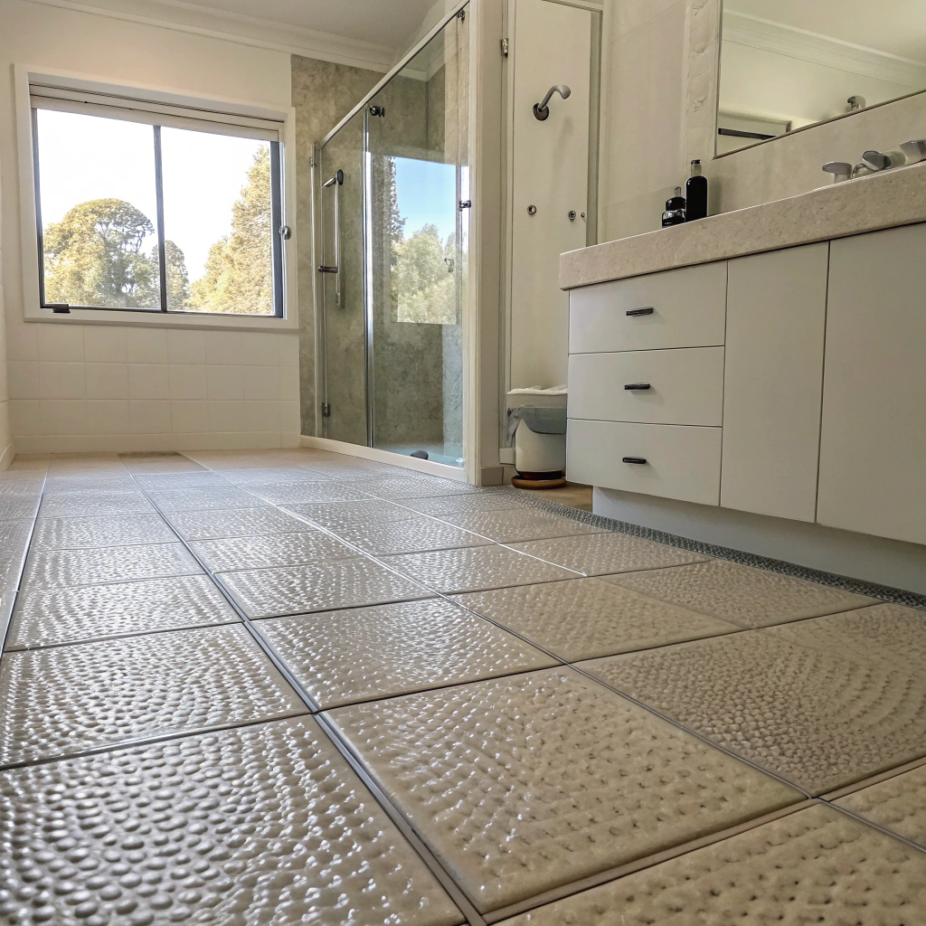 Non-slip textured floor tiles installed in a bathroom