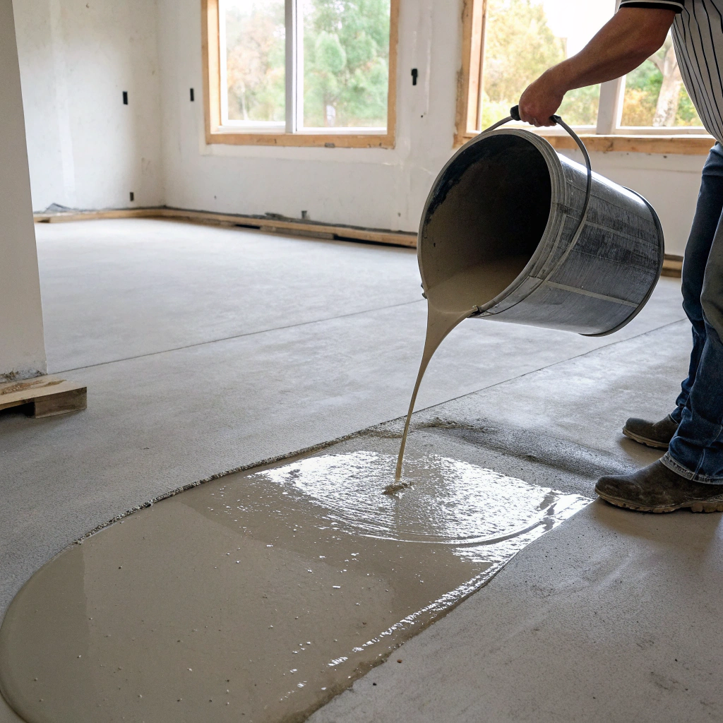 self-levelling compound being poured onto concrete floor substrate preparation
