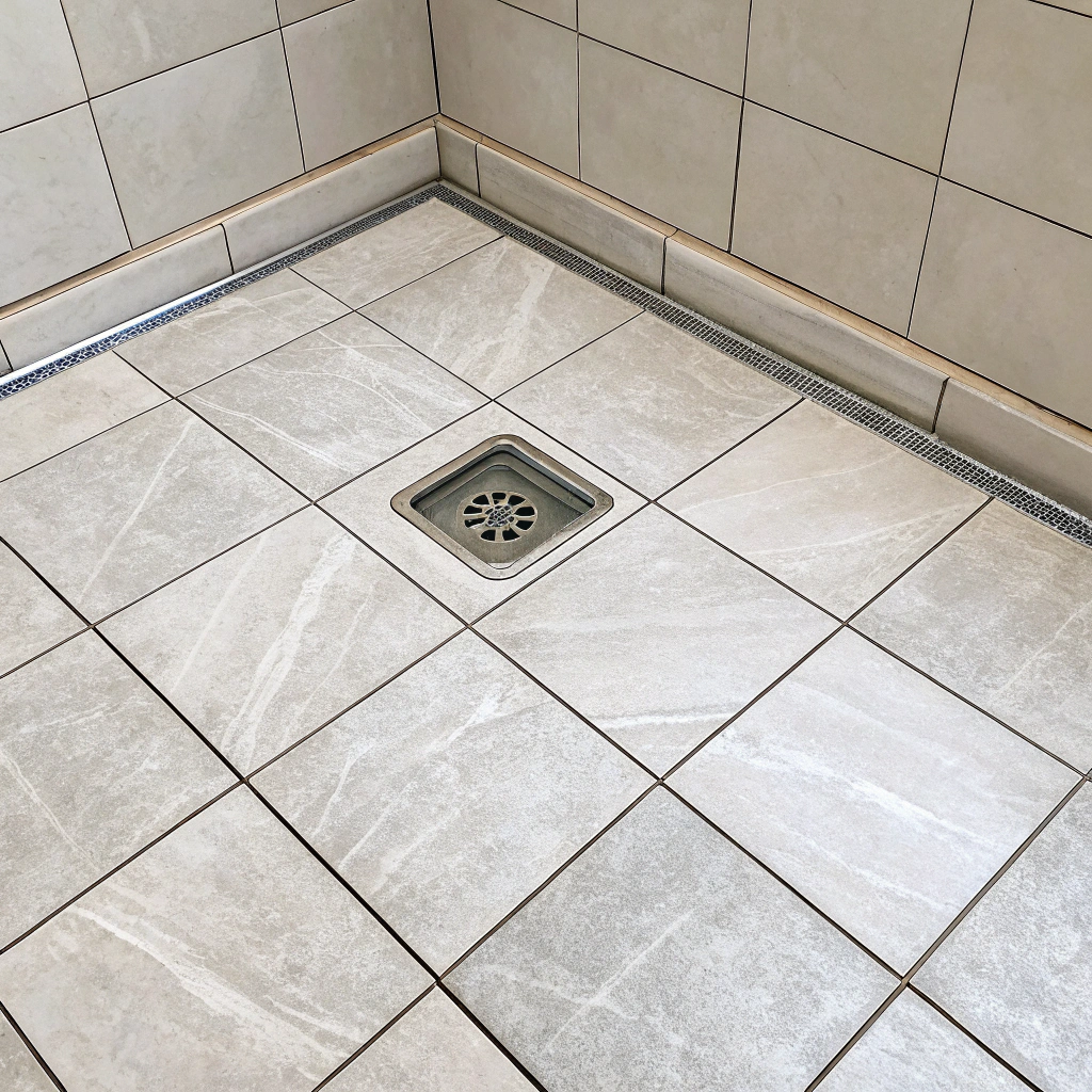 Tiled shower recess floor showing correct drainage fall toward floor waste