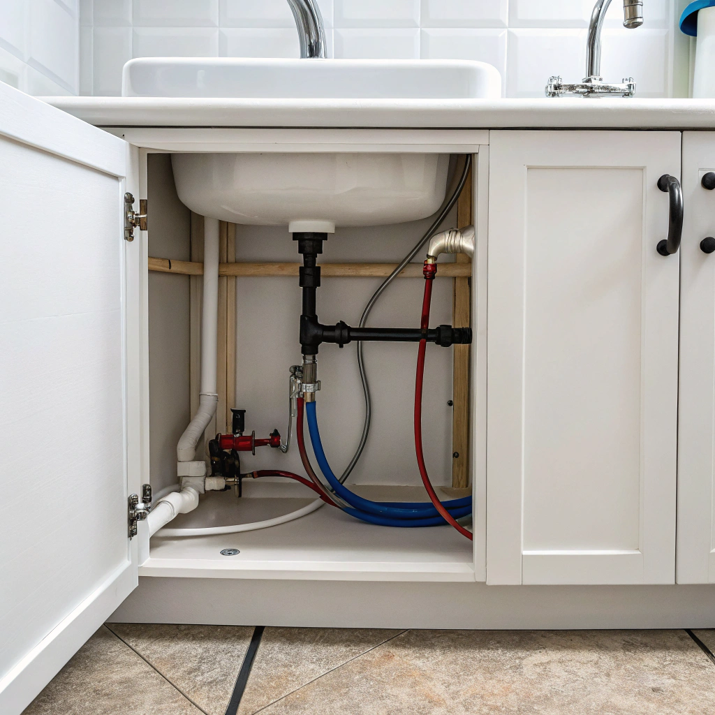 vanity-plumbing-connections-wollongong Neatly connected plumbing under a bathroom vanity in a Wollongong home