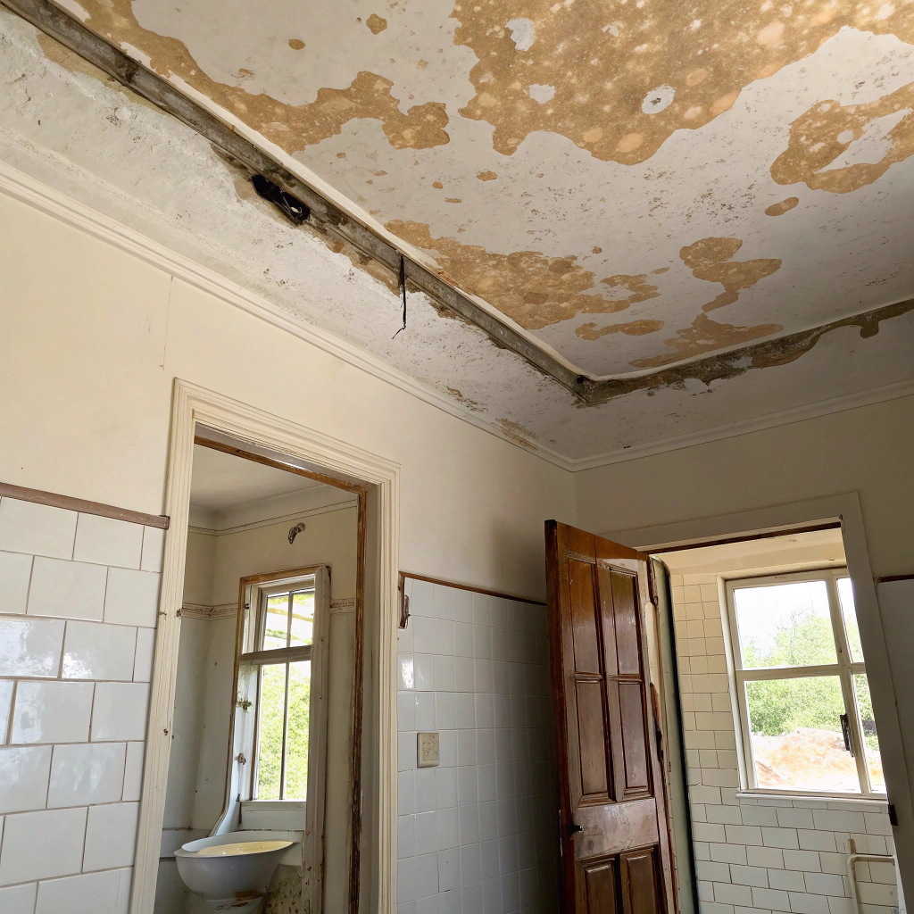 Water stain and damaged ceiling below a bathroom caused by a leaking shower