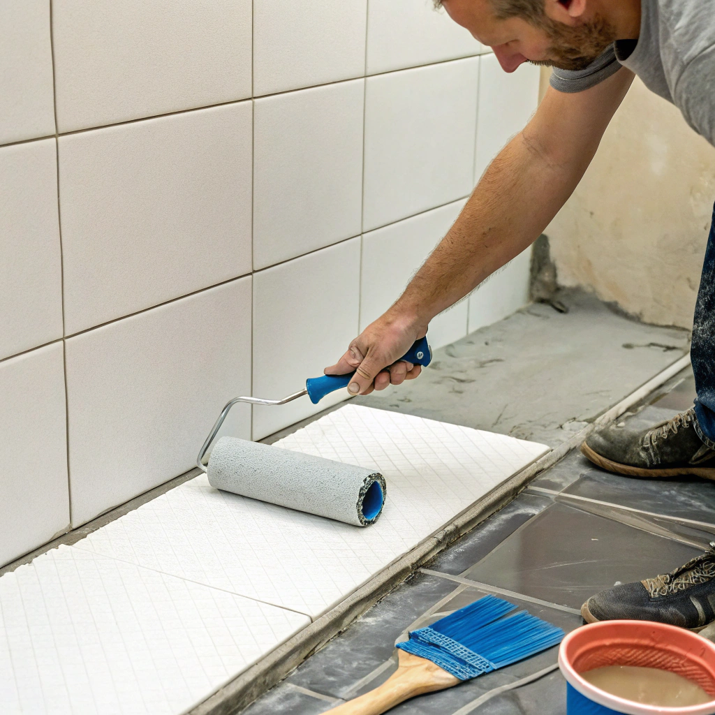Licensed tradesperson applying waterproofing membrane to a shower recess